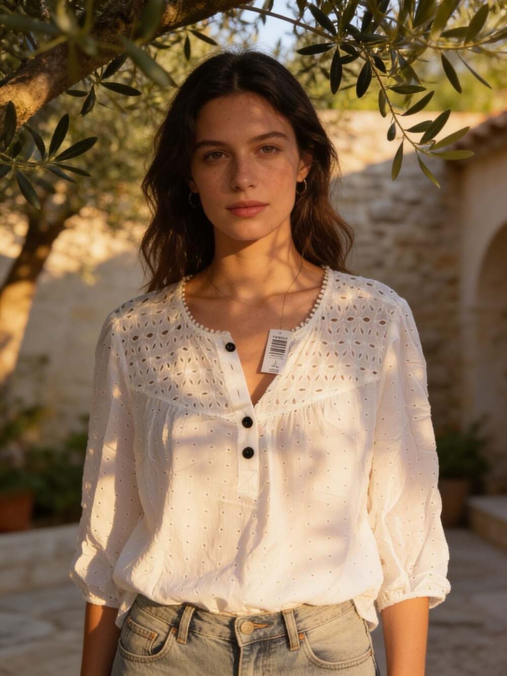 torrid White Eyelet Henley Blouse with Black Buttons